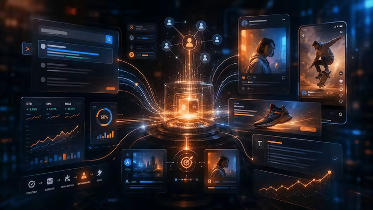 SEM and social ad campaigns with performance dashboard and creatives