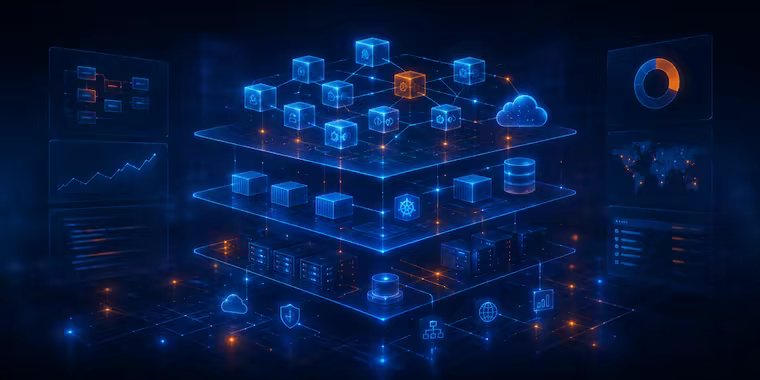 System architecture shown as layers of services, data and infrastructure